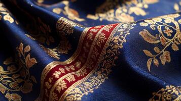 Intricate royal blue fabric with floral motifs and red accent, vintage textile texture photo