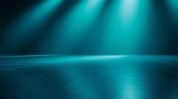 Ethereal turquoise spotlights illuminate a smooth floor creating a mysterious ambiance photo