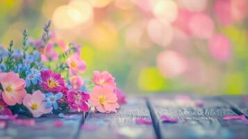 Delicate bouquet of pastel flowers on weathered wooden surface, gentle bokeh background photo