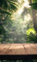 Tropical paradise wooden tabletop display beneath lush foliage and sunlit jungle bokeh photo