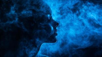Ethereal silhouette immersed in azure nebulous, evoking mystery and intangible essence photo