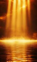 Golden illuminated ethereal beams over water shimmering with light and otherworldly glow photo