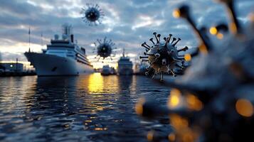 A ship is in the water with a virus floating in the water photo