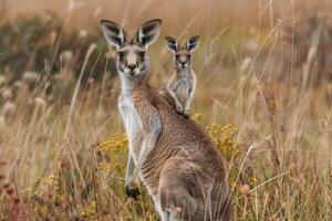 A kangaroo and her joey in the wild photo