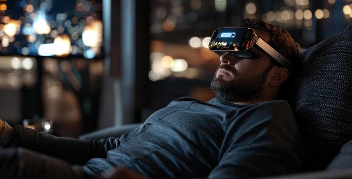 A man wearing a vr headset is sitting on a couch photo