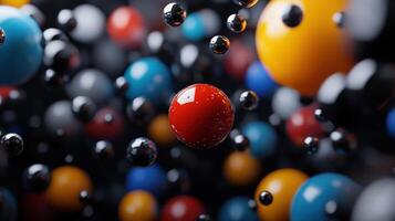 A bunch of colorful balls in the air, with one red ball in the middle photo