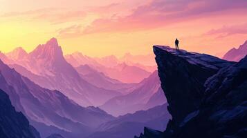 A man stands on the edge of a cliff overlooking the mountains photo