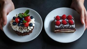 Two hands holding two plates with different desserts photo