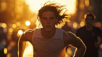A man running in the street at sunset photo