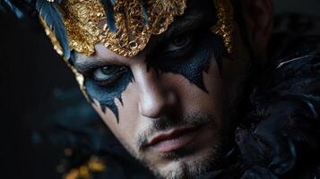 A man with black and gold makeup and feathers photo