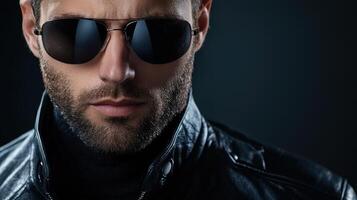 A man wearing sunglasses and a black jacket photo