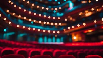 Blurred theater interior with illuminated stage and rows of plush red seats background photo