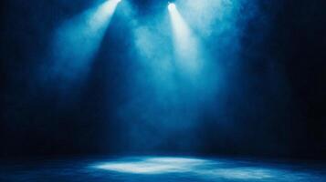 Dramatic stage illumination featuring vivid beams of light piercing through mystical smoke display photo