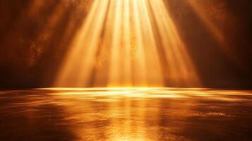 Golden illuminated space with radiant light rays casting down upon reflective surface area photo