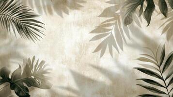 Subtle vintage botanical backdrop with palm fronds casting gentle shadows on textured paper photo