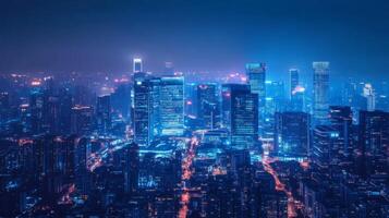 Nightscape of futuristic city glowing with neon lights creating a captivating urban panorama photo