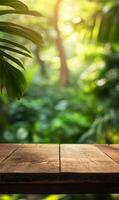 Sunlit serenity wooden surface and verdant jungle foliage for product showcase or display photo