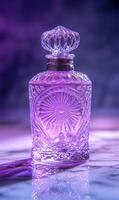 Exquisite crystal perfume vessel casting ethereal violet light on polished marble surface photo