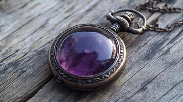 Vintage Amethyst Pocket Watch Resting on Weathered Wood Surface Close up Capture photo
