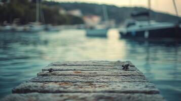 Serene harbor view from a weathered dock, boats gently afloat on tranquil waters behind photo