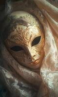 Elegant venetian mask with intricate golden details and delicate lace fabric drape photo