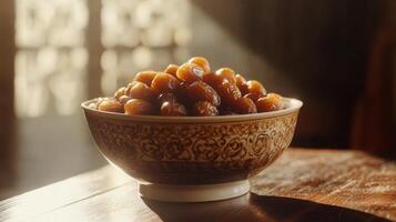 Bowl filled with succulent medjool dates, presented on a wooden surface with sunlight glow photo