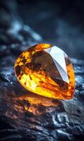 Exquisite amber gemstone shining, facets catching the light, luxury item on textured rock surface photo