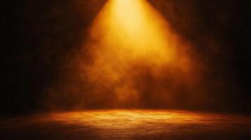 Mystic illuminated stage background with spotlight and smoky ambience of golden shades photo