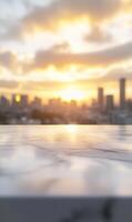 Marble surface against a blurred cityscape at sunset, creating an elegant urban vista backdrop photo