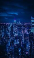 Nocturnal skyline panorama, showcasing the vibrant urban architecture bathed in cyan and indigo hues photo