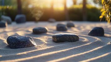 Zen garden scene showcasing stone arrangement on raked sand with sunlit background element photo