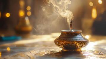 Intricate gold incense burner with smoke creates warm ambience for mindfulness ritual photo
