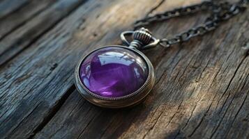 Amethyst pendant rests on weathered wooden planks reflecting light in the purple gemstone photo