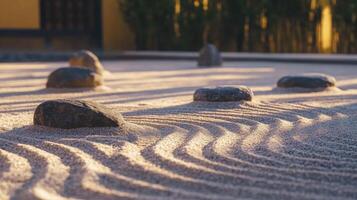 Contemplative zen garden scene with raked sand and stones embodying balance and tranquility photo