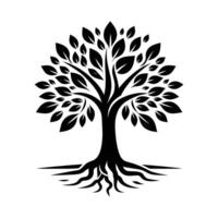 a black and white tree with leaves and roots vector