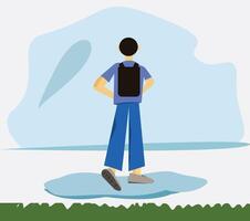 a man with a backpack standing on a rock vector