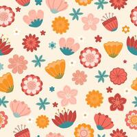 Seamless pattern featuring colorful stylized flowers in a folk-art style on a light background. Perfect for textile design, wallpaper, wrapping paper, and decorative projects. illustration vector