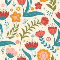 Seamless illustration with colorful stylized flowers and leaves in a folk-art style. Ideal for textile design, wallpaper, wrapping paper, and decorative backgrounds. vector