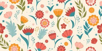 Seamless pattern rectangular with vibrant stylized flowers and leaves in folk-art style on a light background. illustration vector