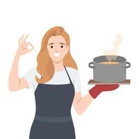 Chef in an apron presents a steaming pot of freshly cooked food, perfection with OK gesture. vector