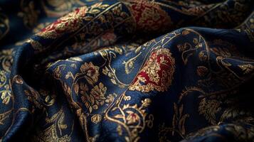 Intricate patterns on luxurious draped fabric evoke opulence with botanical motifs woven in gold photo