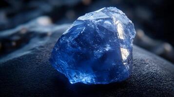 Captivating Sapphire Chunk, A Close-Up Display of a Dazzling Blue Gemstone on a Textured Surface photo