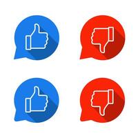 Like and dislike hand outline icon on speech bubble. Thumb up and down symbol with long shadow vector