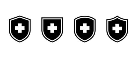 Shield protection icon set. Safety, health badge with plus sign symbol vector