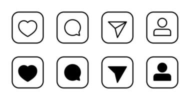 Like, comment, share, and avatar profile icon on square line vector