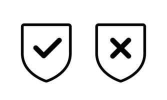 Safe and unsafe icon. Shield outline with check mark and x cross sign symbol vector