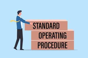 A businessman arranges wooden blocks with the text Standard Operating Procedure SOP vector