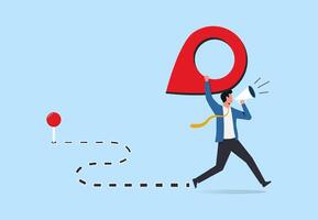 Business relocation moving office to new location address concept, Manager carry address pin and hold megaphone to announcement vector