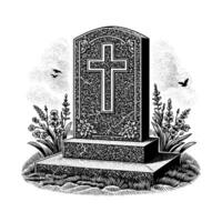Tombstone engraving black and white outline. Scratch board imitation. illustrated in vintage line art style on a white background. vector