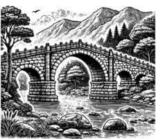 Stone bridge sketch engraving black and white outline. Scratch board imitation. vector
